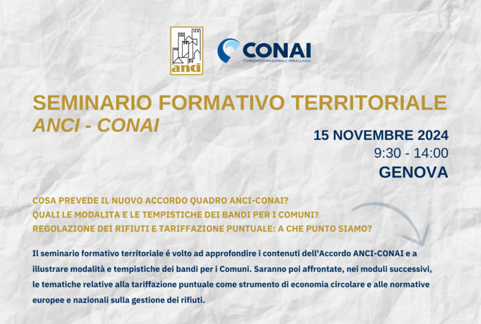 Seminario formativo territoriale Anci-Conai il 15 novembre ore 9.30 a Genova